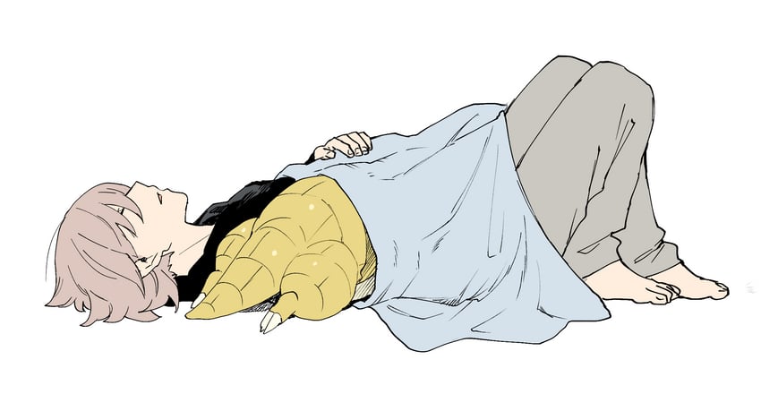 宝可梦、穿山鼠 1名男孩 赤脚 黑色毛衣 闭眼 灰色裤子