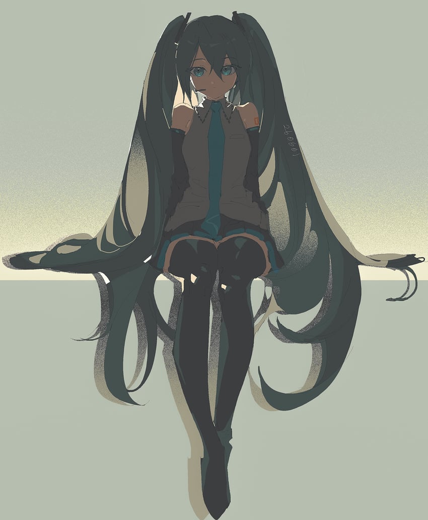 VOCALOID、初音未来 1名女孩 露肩 黑色裙子 蓝眼 蓝色领带