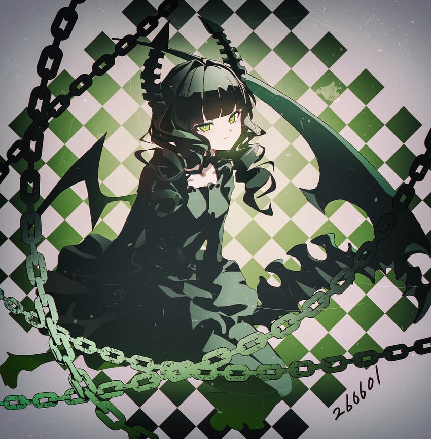 二次元插画 1名女孩 黑色连衣裙 黑发 锁链 项圈