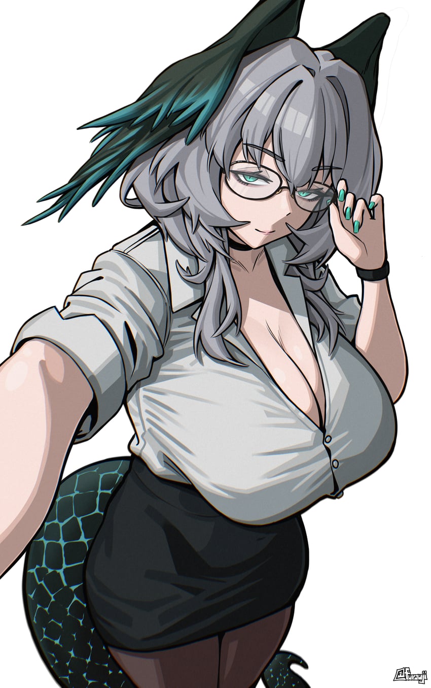 明日方舟、霍尔海雅 (明日方舟) 1名女孩 黑色裙子 蓝眼 蓝色指甲 乳房