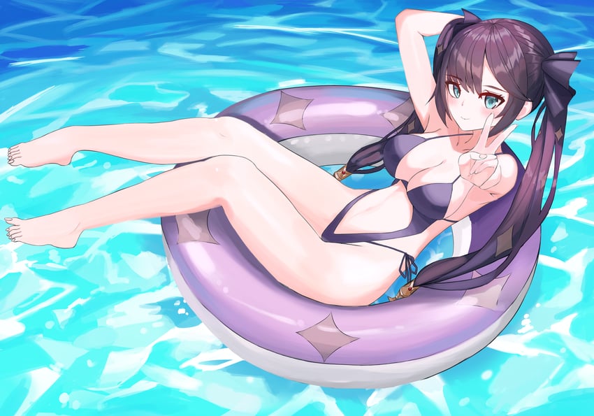 原神、莫娜 (原神) 1名女孩 aqua ees 手放在头后 赤脚 乳房