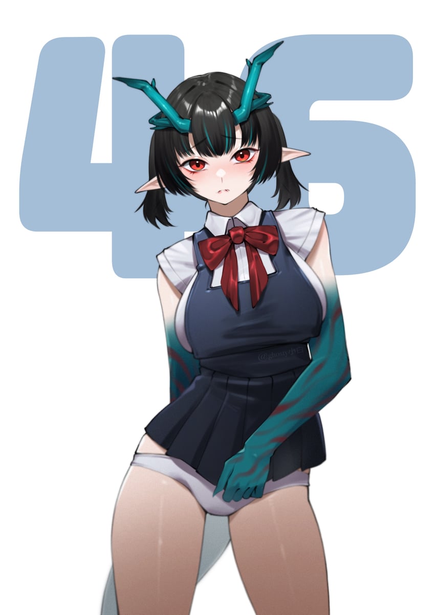 明日方舟、夕 (明日方舟) 1名女孩 替换服装 不同发型 裸臂 黑发