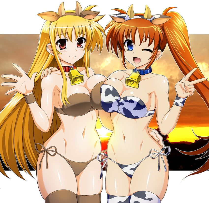 魔法少女奈叶、魔法少女奈叶StrikerS、菲特·泰斯特罗莎 2名女孩 :D 兽耳 动物花纹 手搭在他人肩膀上