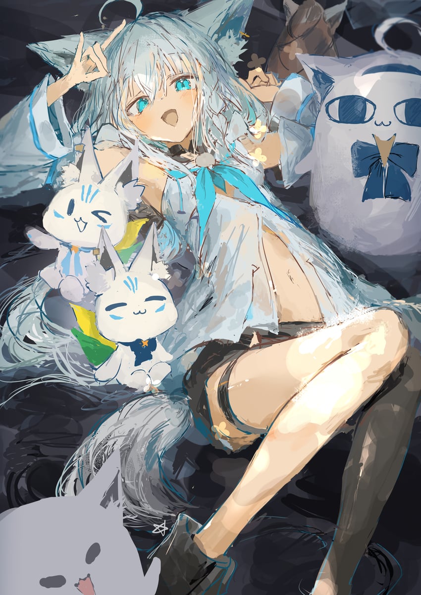 Hololive、白上吹雪 1名女孩 兽耳毛 兽耳 黑色短裤 蓝眼