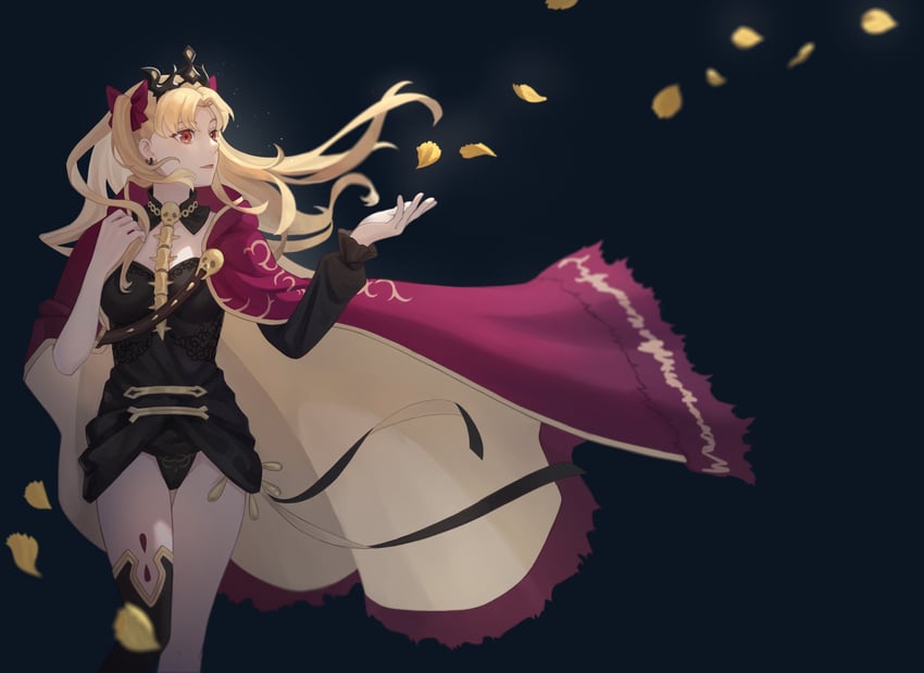 Fate/Grand Order、Fate系列、艾蕾什基伽尔 (Fate) 1名女孩 不对称腿部穿着 黑色背景 黑色连衣裙 黑色过膝袜
