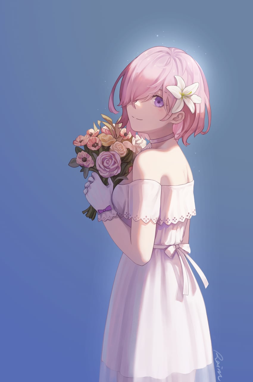 Fate/Grand Order、Fate系列、玛修·基列莱特 1名女孩 蓝色背景 花束 连衣裙 侧视