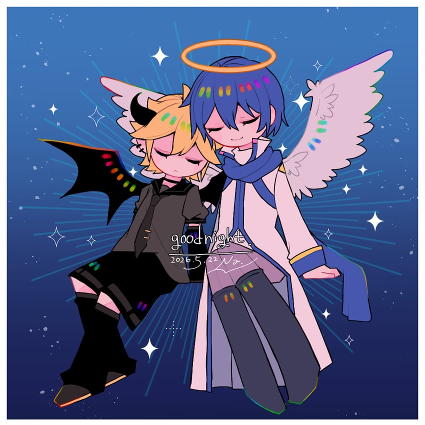 VOCALOID、镜音连、KAITO 2个男孩 :< 天使 天使翅膀 手臂支撑