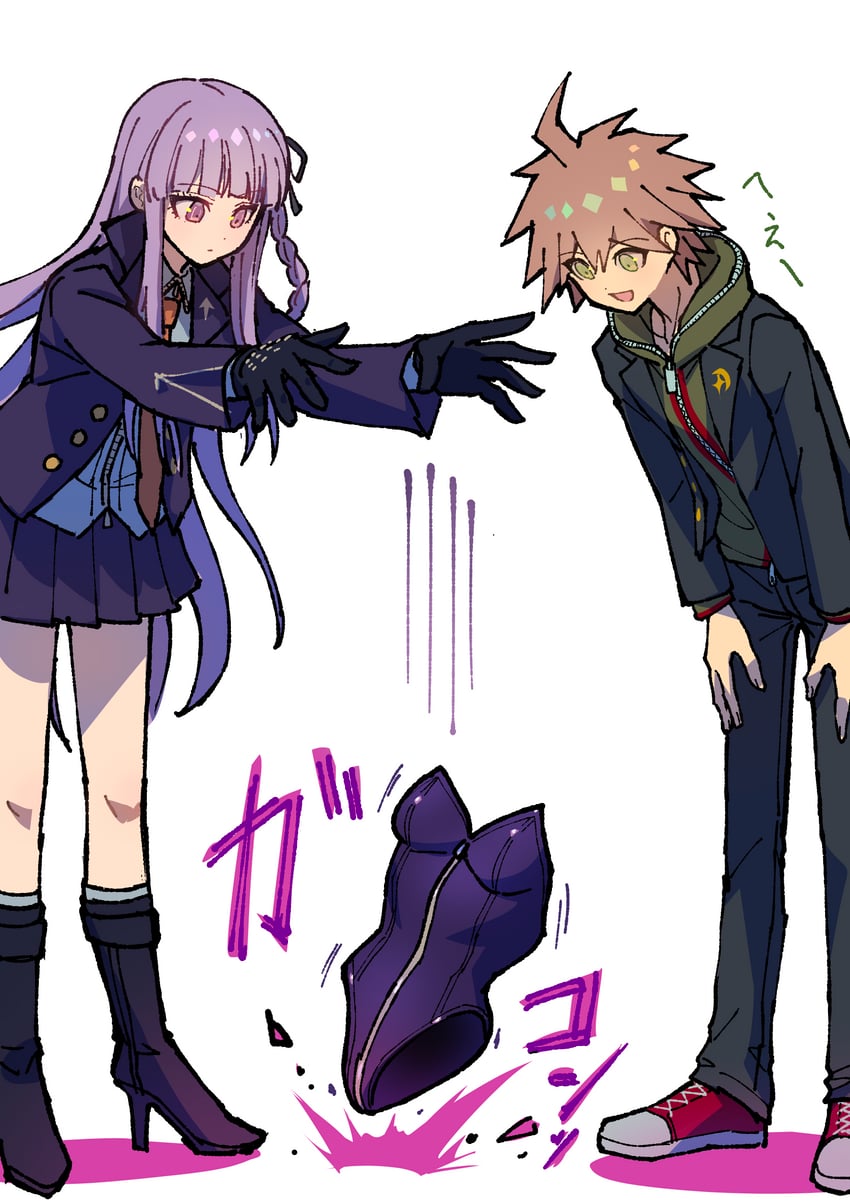 弹丸论破：希望学园与绝望高中生、弹丸论破、雾切响子 1名男孩 1名女孩 呆毛 黑色手套 黑色夹克