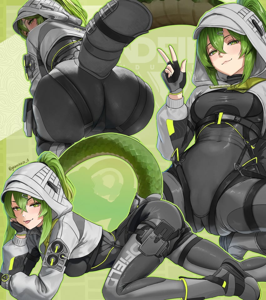 明日方舟、明日方舟：终末地、萤石(明日方舟) 1名女孩 屁股 脸红 紧身连体衣 露指手套