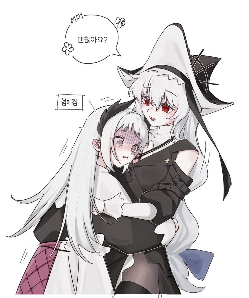 明日方舟、艾丽妮 (明日方舟)、幽灵鲨(明日方舟) 2名女孩 黑色连衣裙 黑帽子 黑色连裤袜 牛仔镜头