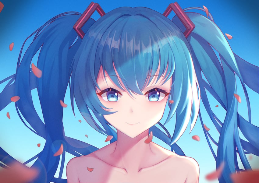 VOCALOID、初音未来 1名女孩 蓝色背景 蓝眼 蓝发 锁骨