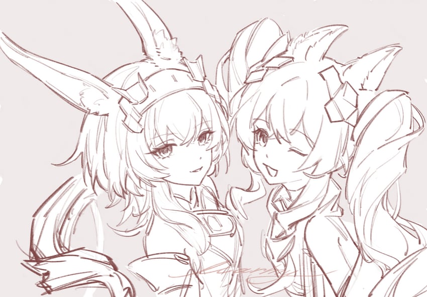 明日方舟、明日方舟：终末地、安洁莉娜 (明日方舟) 2名女孩 :D 兽耳毛 兽耳 露肩