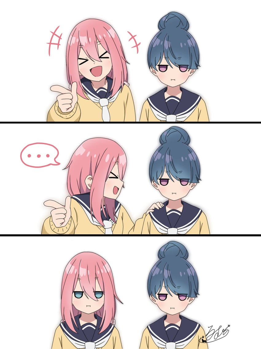 摇曳露营、各务原抚子、志摩凛 ... 2名女孩 三格漫画 :D 闭眼挤眼