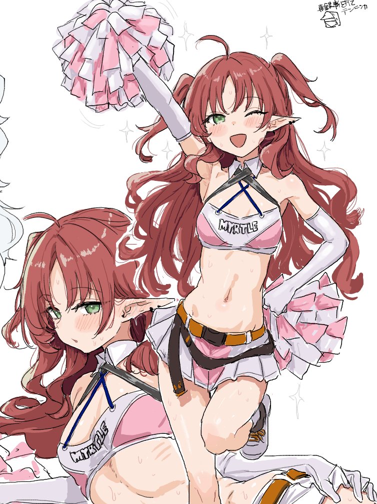 明日方舟、桃金娘 (明日方舟)、硅钼铅矿 (明日方舟) 1名女孩 呆毛 举手 腋下 脸红