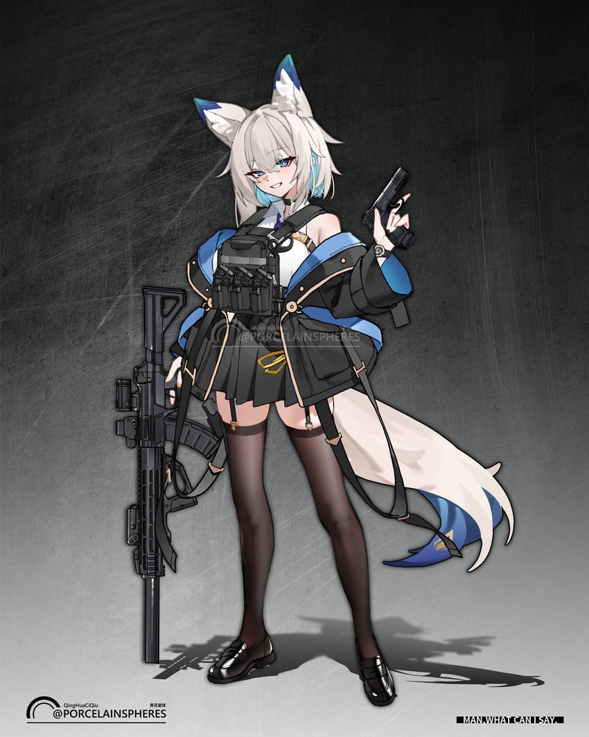 二次元插画 1名女孩 兽耳毛 兽耳 突击步枪 露肩