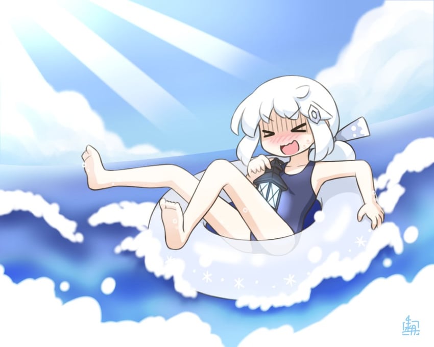 原创、露米里卡 (北川水月) 1名女孩 闭眼挤眼 赤脚 蓝天 脸红