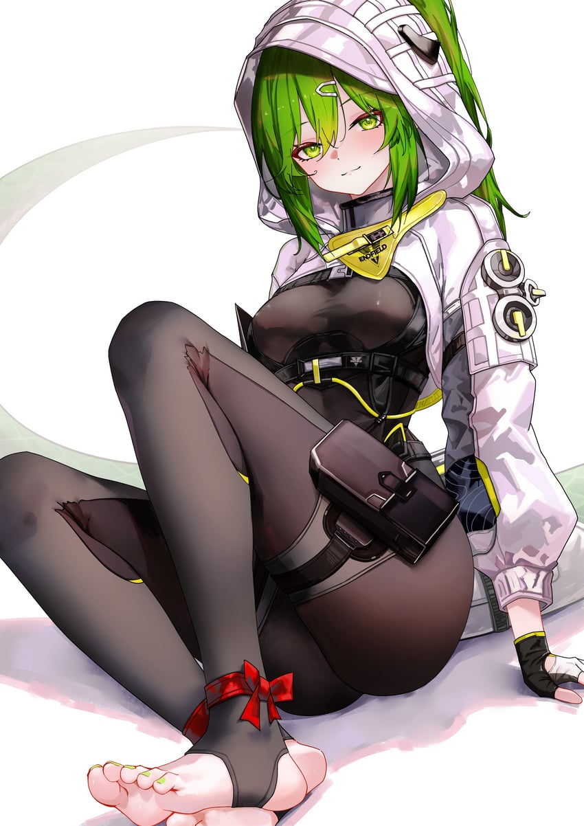 明日方舟、明日方舟：终末地、萤石(明日方舟) 1名女孩 脚踝蝴蝶结 脚踝丝带 屁股 黑色连体衣