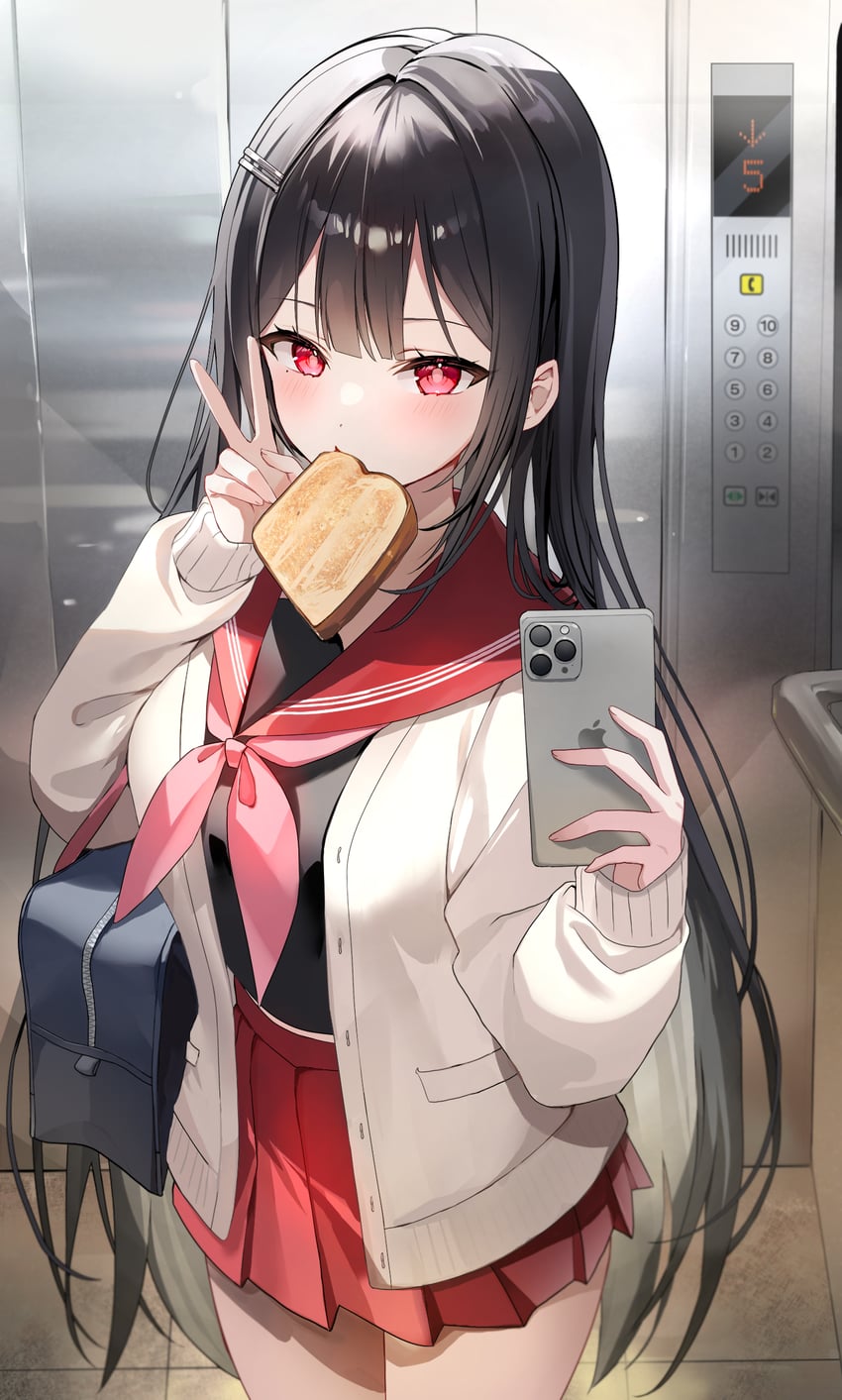 苹果公司、原创、里惠 (mirae_yang) 1名女孩 包 黑发 黑衬衫 齐刘海