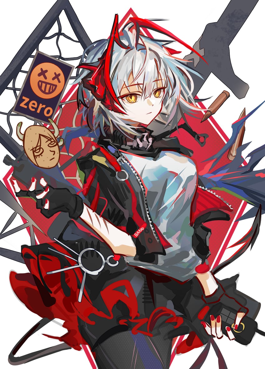 明日方舟、W (明日方舟) 1名女孩 黑色手套 黑色连裤袜 恶魔娘 恶魔角