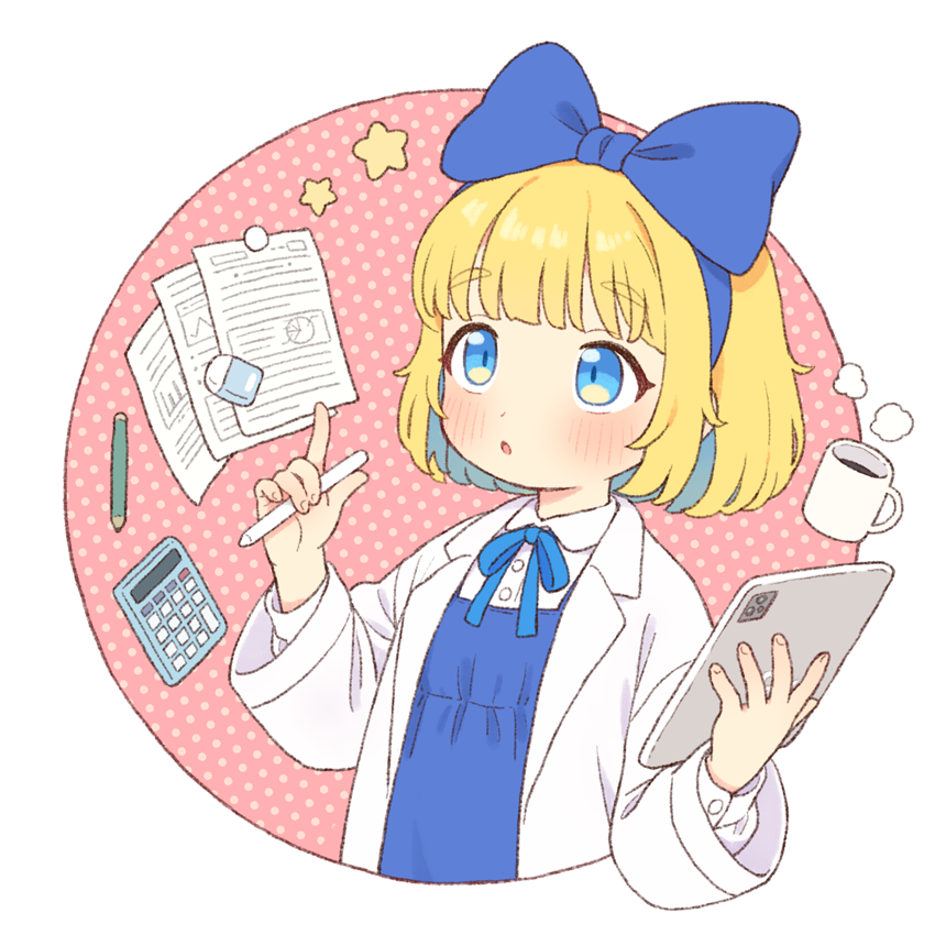 原创、助手 (Onyhakase) 1名女孩 惊讶 金发 蓝色蝴蝶结 蓝色连衣裙