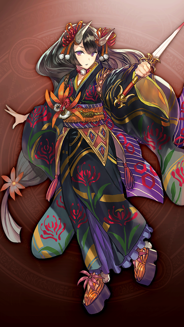 格林笔记、onihime (grimms notes)、onihime (shage) (grimms notes) 1名女孩 黑发 棕色背景 项圈 匕首