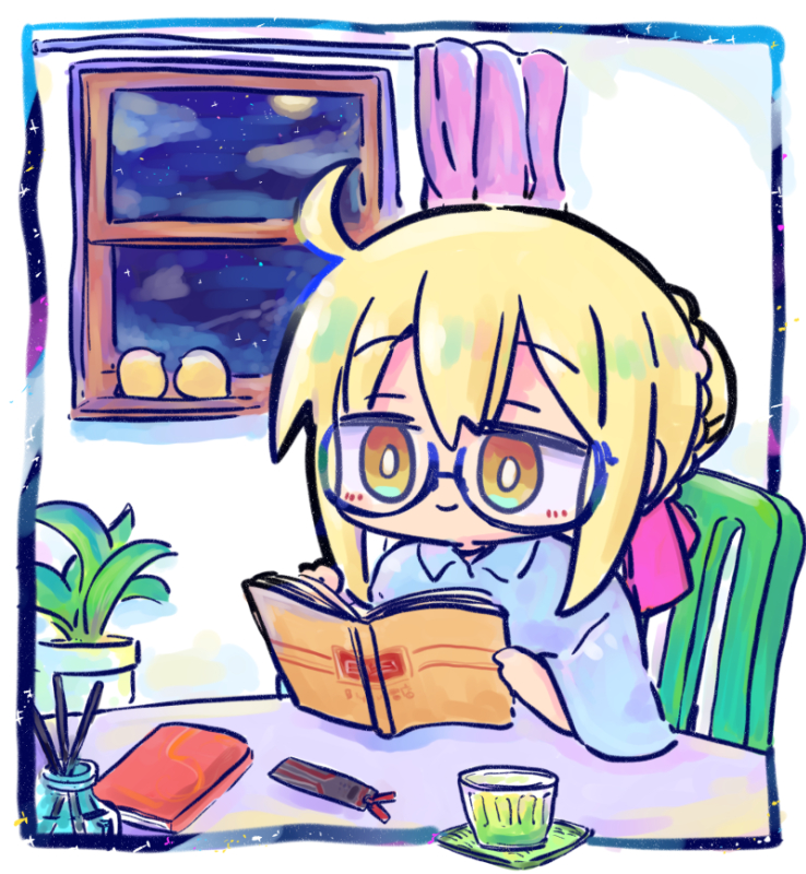 Fate/Grand Order、Fate系列、阿尔托莉雅·潘德拉贡 (Fate) 1名女孩 呆毛 金发 蓝框眼镜 蓝色衬衫