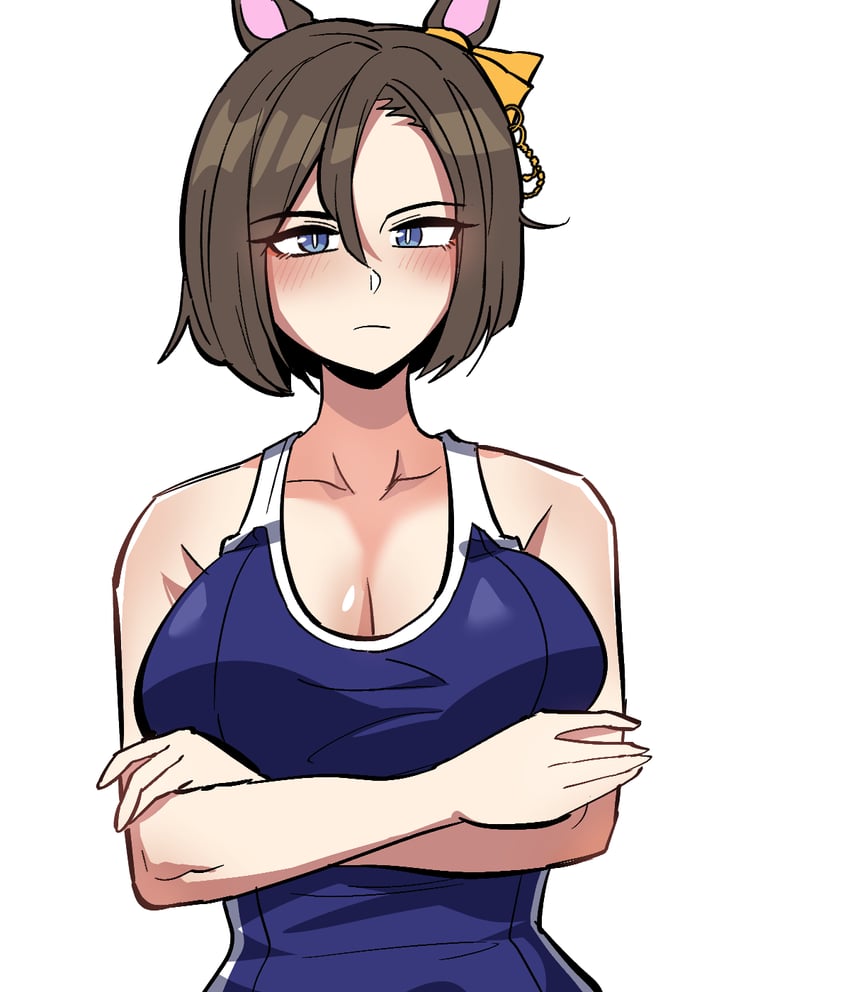 赛马娘、气槽 (赛马娘) 兽耳 裸臂 露肩 蓝眼 蓝色连体泳衣