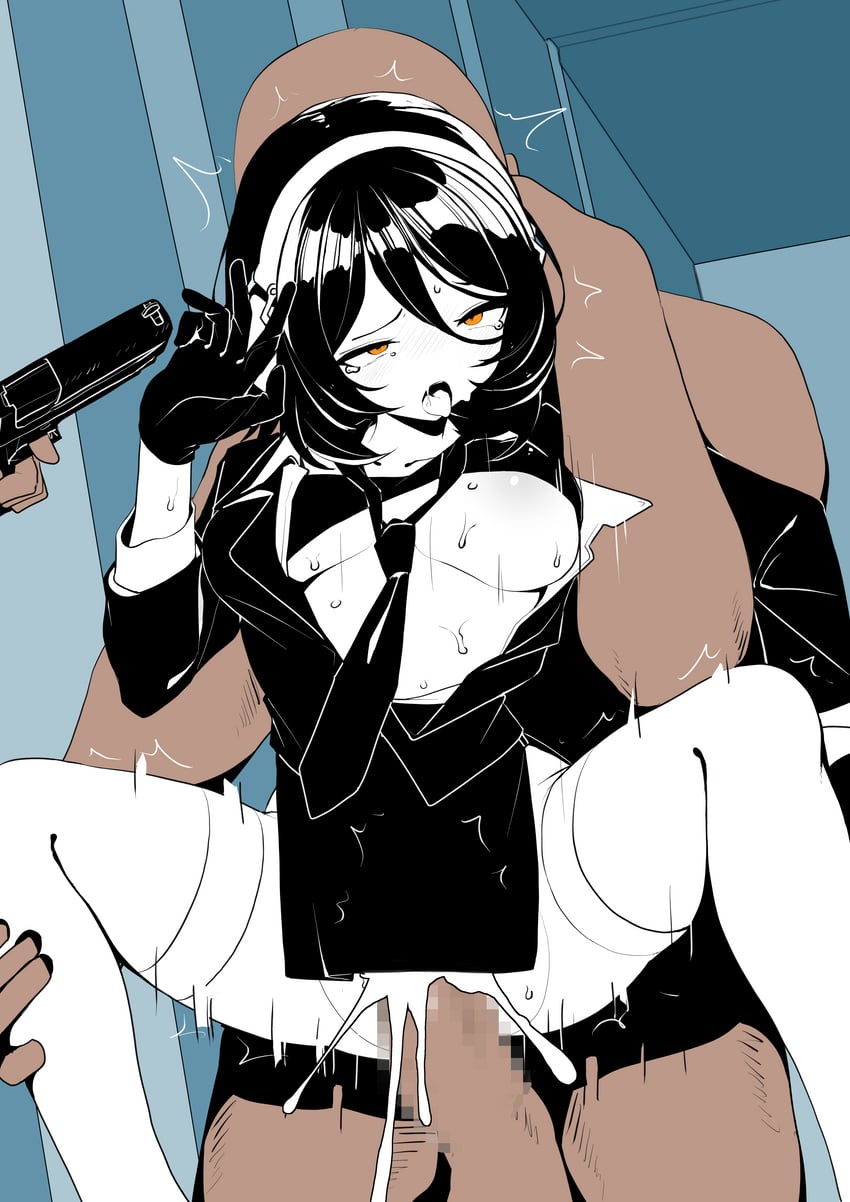 二次元插画 1名女孩 2个男孩 黑色文胸 黑色连衣裙 黑发
