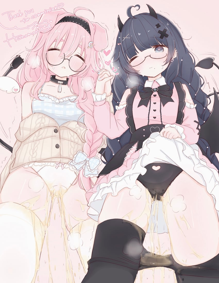 二次元插画 2名女孩 呆毛 兽耳 黑框眼镜 黑色蝴蝶结