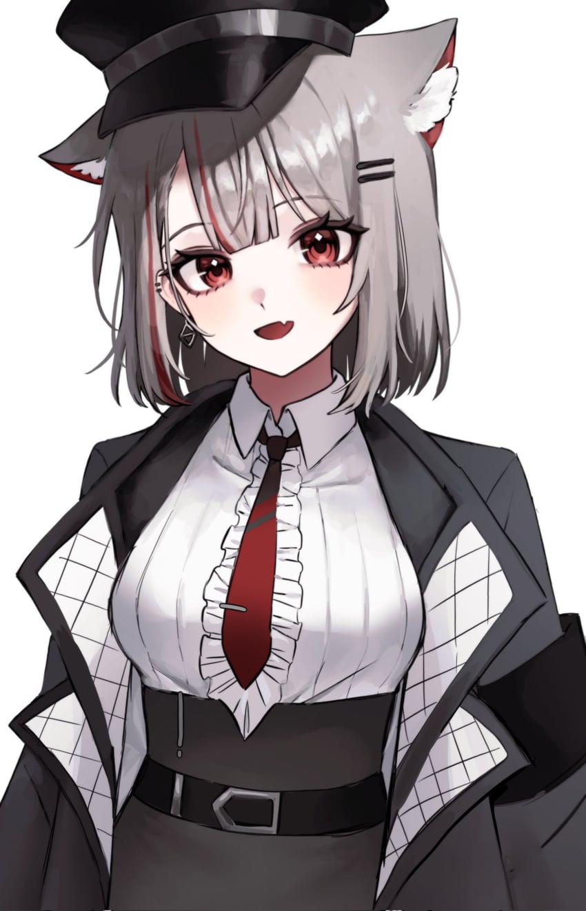Stellive、真白音音子 1名女孩 兽耳 黑色夹克 黑色裙子 猫耳