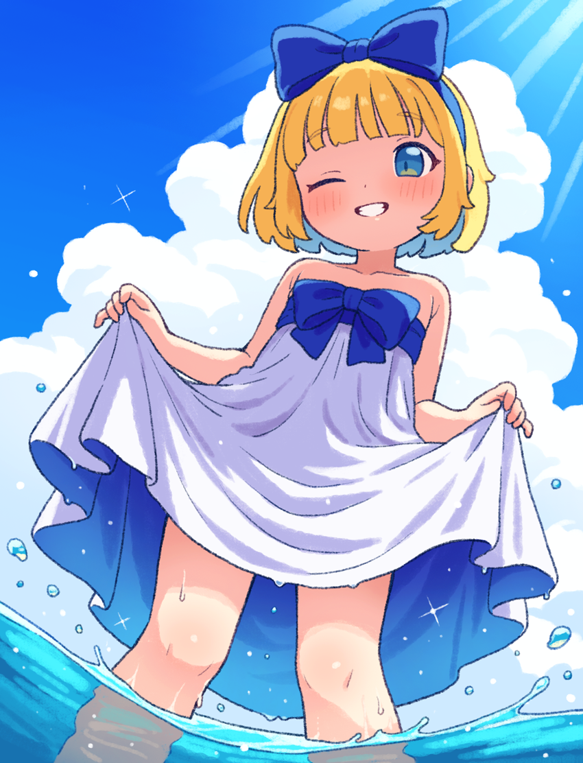 原创、助手 (Onyhakase) 1名女孩 金发 蓝色蝴蝶结 蓝发 蓝色发带