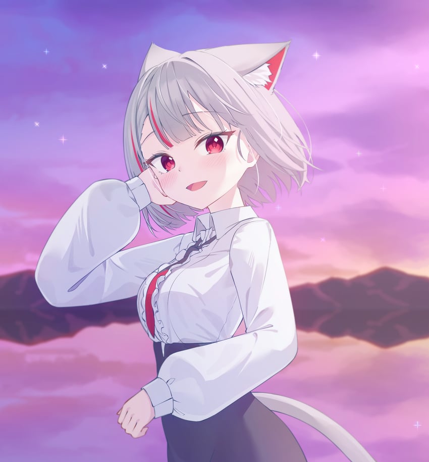 Stellive、真白音音子 1名女孩 兽耳 黑色裙子 猫耳 猫娘