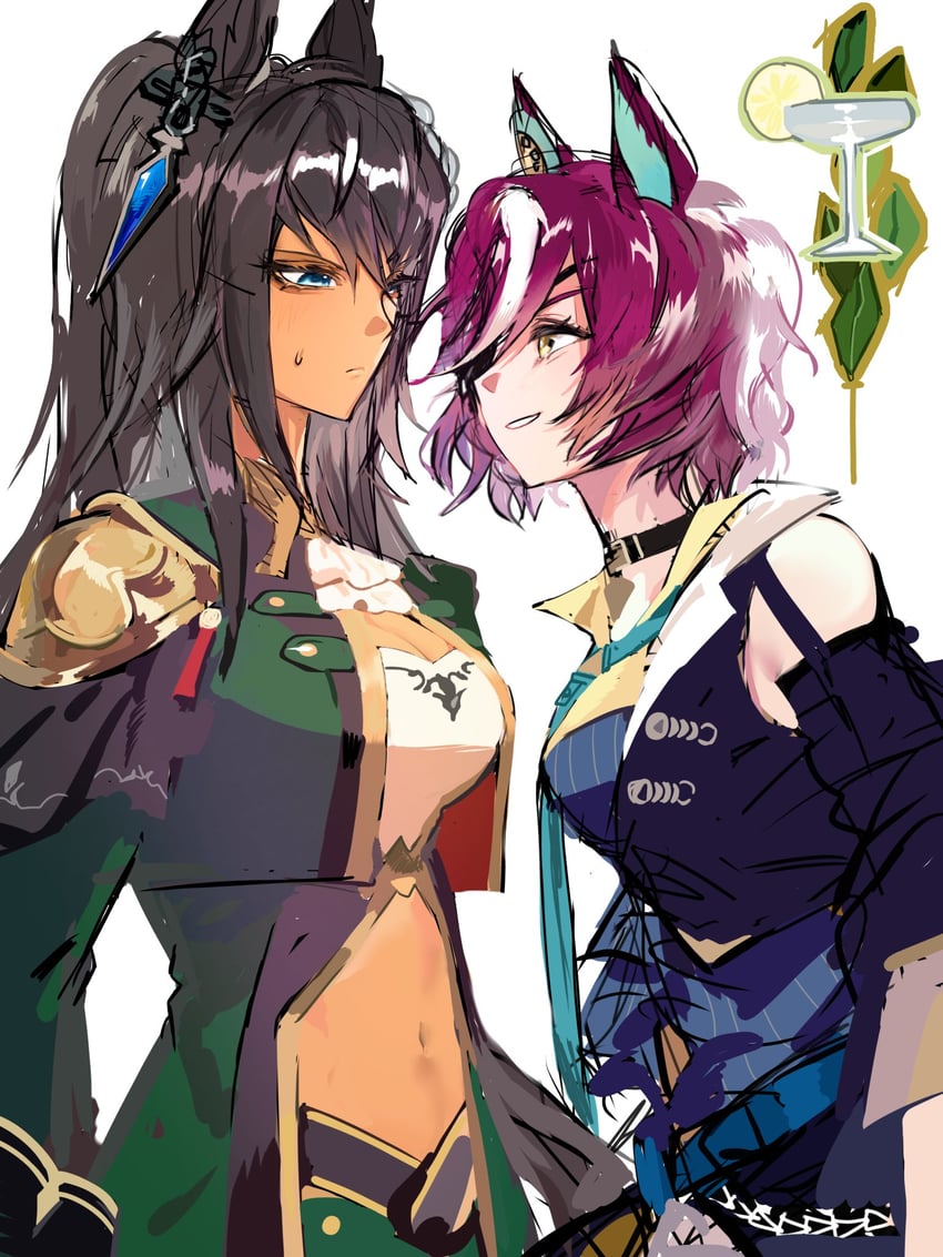 赛马娘、吉兆 (Onyx Soldier) (赛马娘)、吉兆 (赛马娘) 2名女孩 兽耳 阿斯科特领巾 抹胸 腰带