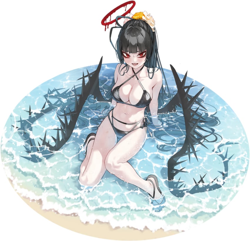 蔚蓝档案、鹤城 (蔚蓝档案)、剑 (泳装) (蔚蓝档案) 1名女孩 手臂支撑 眼袋 海滩 比基尼