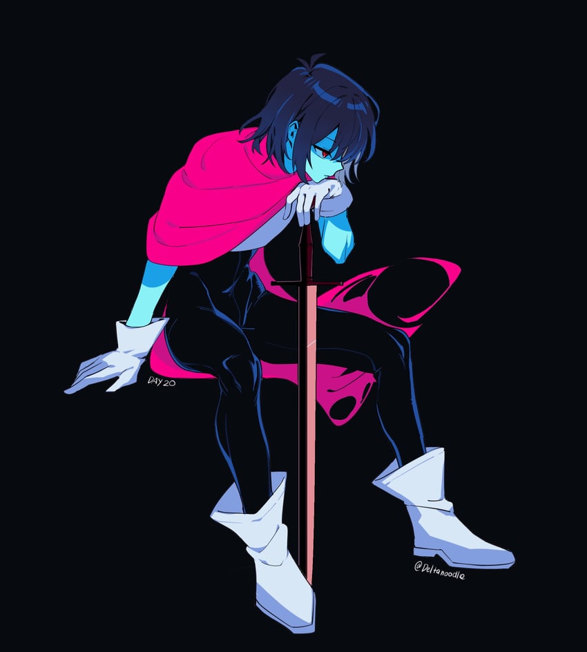 三角符文、Undertale/Deltarune、Kris (黑暗世界) (Deltarune) 1个其他角色 铠甲 黑色背景 黑色紧身连体衣 蓝发