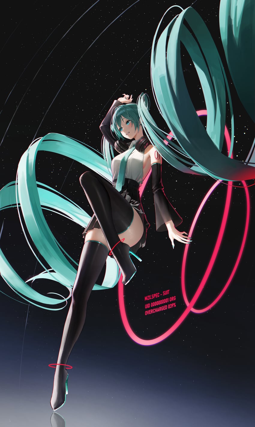 VOCALOID、初音未来 1名女孩 水色瞳 水色发 水蓝色指甲 水蓝色领带