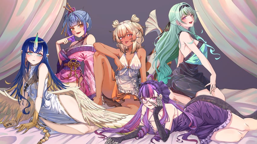 V4Mirai、假名安农、alias anono (2nd costume) 5名女孩 呆毛 替换服装 水色发 手放在背后