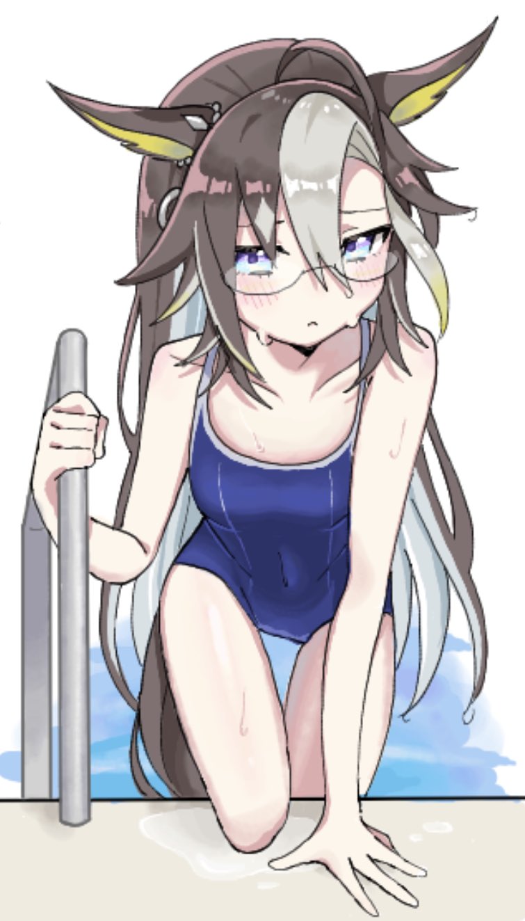 梦想之旅 (赛马娘) 1名女孩 呆毛 兽耳 蓝色连体泳衣 棕发