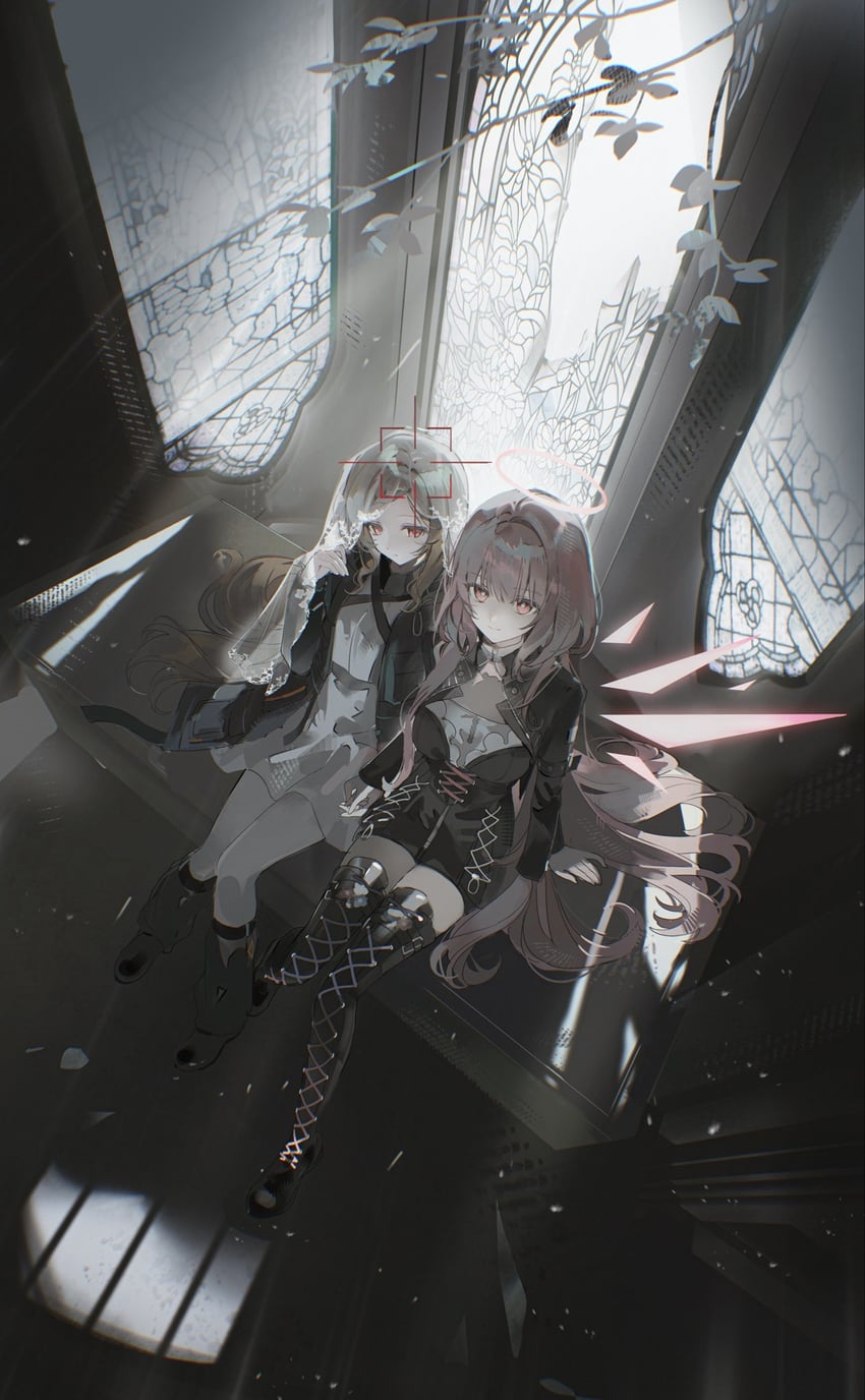 明日方舟、博士 (明日方舟)、博士 (女) (明日方舟) 2名女孩 黑色靴子 黑色连衣裙 黑色夹克 黑色短坎肩