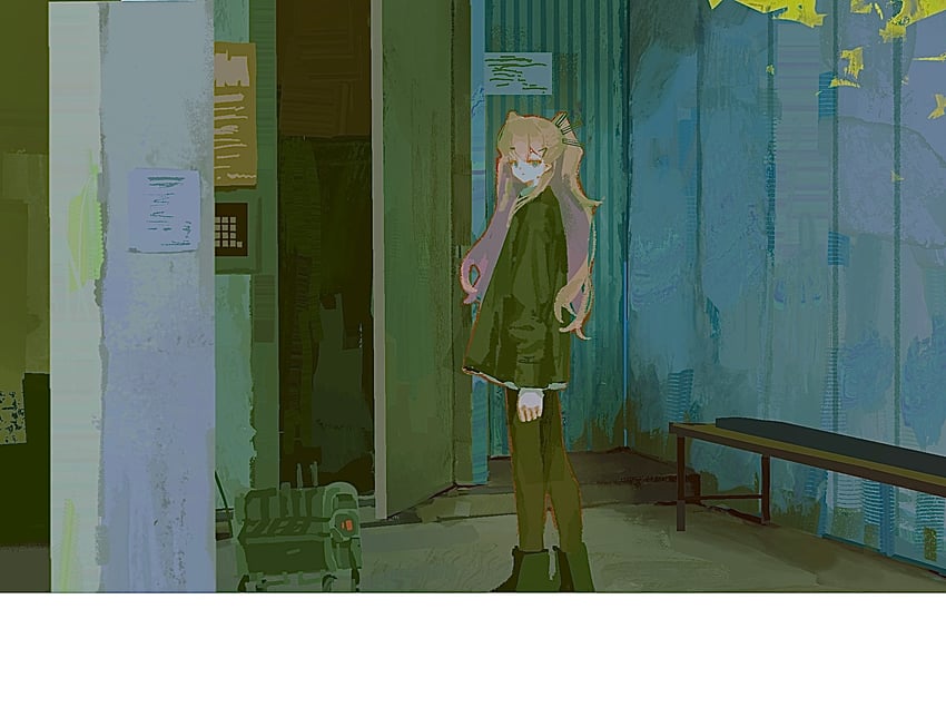 哨兵组 1名女孩 黑色靴子 黑色夹克 黑色连裤袜 金发