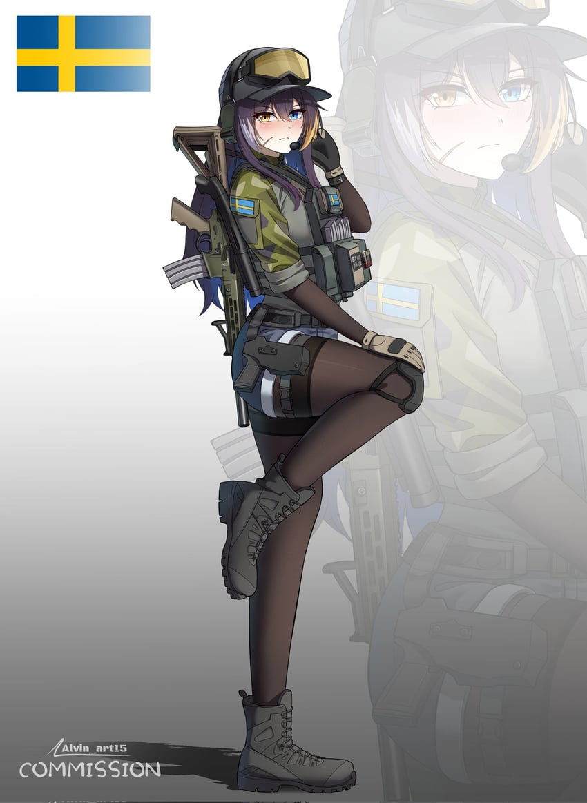 原创、艾丽娜·斯瓦德·科瓦连科（老挝飞行员） 1名女孩 屁股 突击步枪 棒球帽 黑色手套
