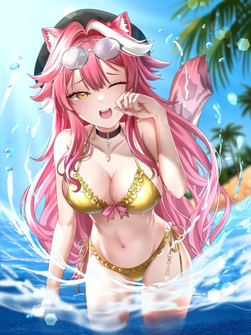 Hololive、Hololive英语、Raora Panthera (Hololive) 1名女孩 兽耳 露肩 贝雷帽 比基尼