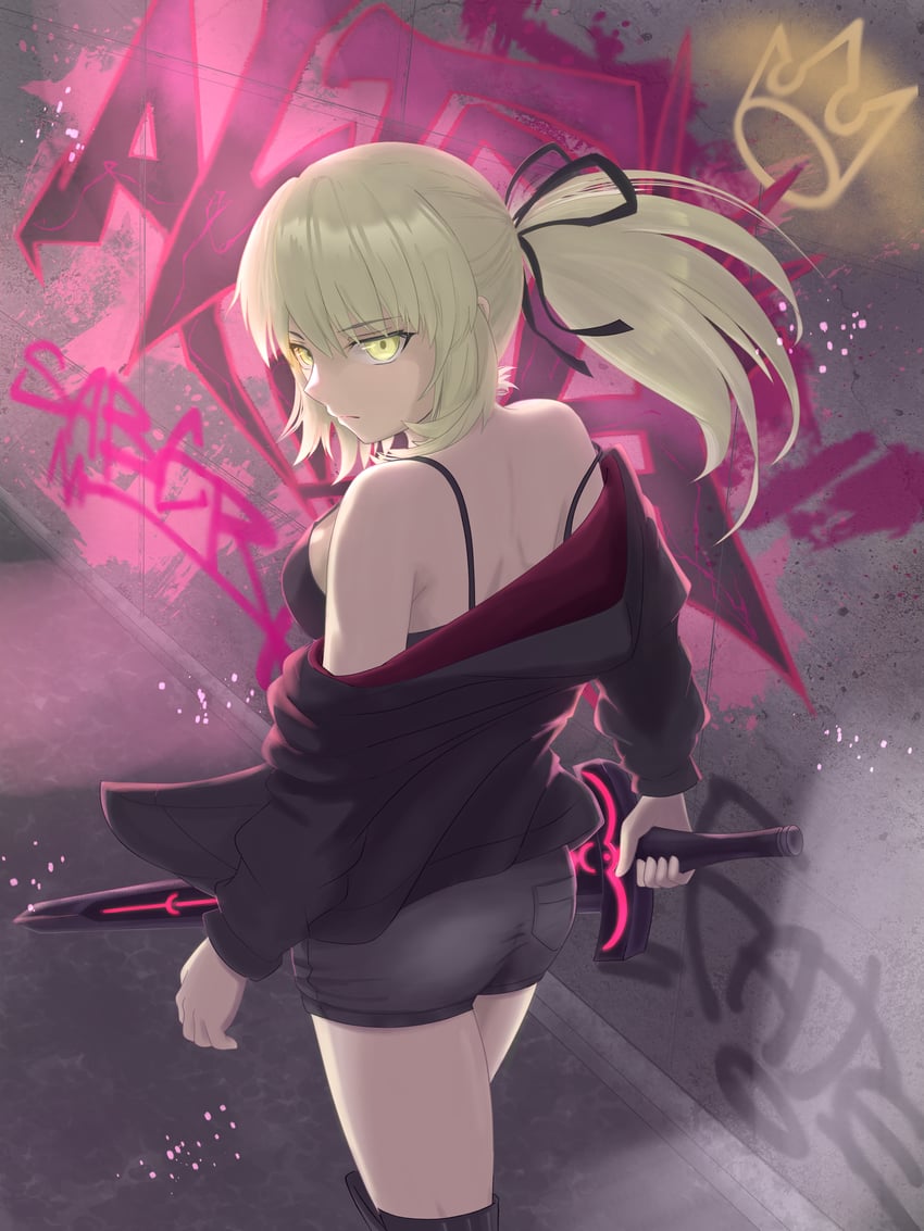 Fate/Grand Order、Fate系列、阿尔托莉雅·潘德拉贡 (Fate) 1名女孩 黑吊带背心 黑色夹克 黑色丝带 黑色短裤