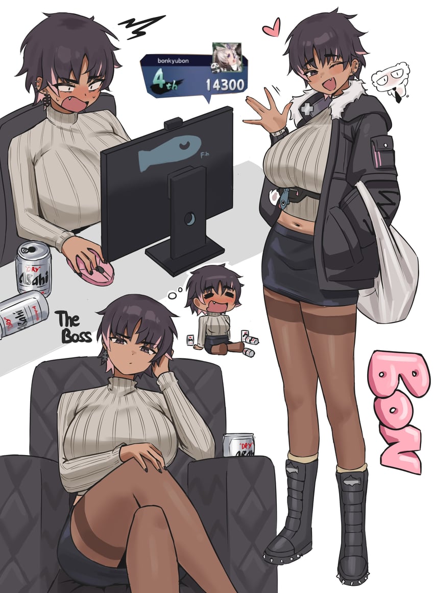 个人势虚拟主播、ぼん (VTuber) 1名女孩 朝日啤酒 黑色靴子 黑发 黑色裙子