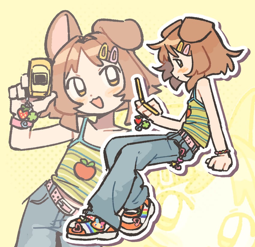 原创、三丽鸥、haru (umiko zzz) 1名女孩 兽耳 苹果印花 腰带 蓝色裤子