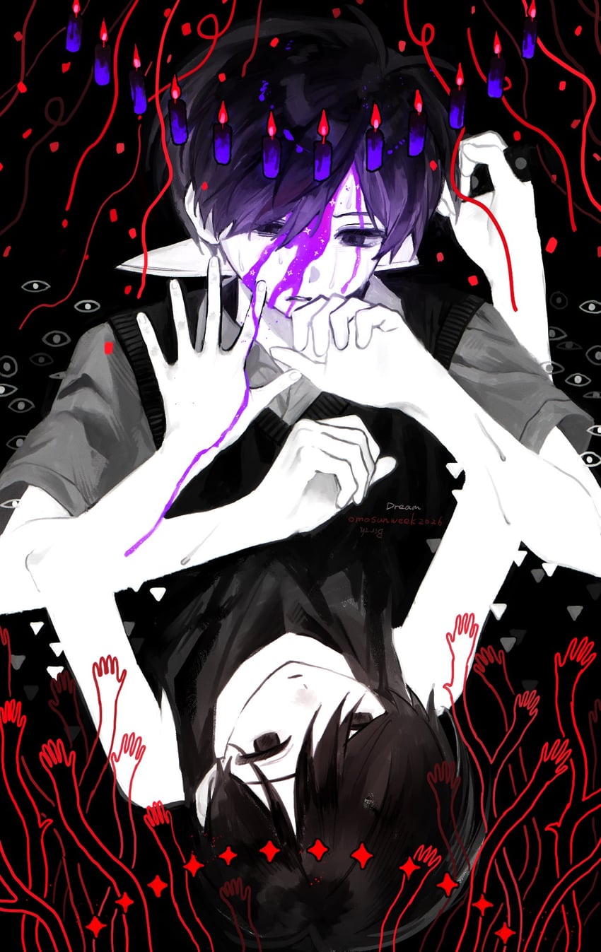 OMORI、Omori (OMORI)、Sunny (OMORI) 2个男孩 呆毛 黑瞳 黑发 黑色毛衣背心