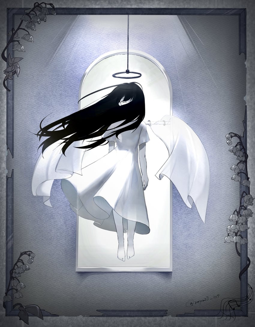 OMORI、Mari (Omori)、Mari (灵魂) (OMORI) 1名女孩 赤脚 黑发 有色皮肤 窗帘