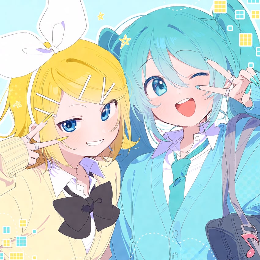 VOCALOID、初音未来、镜音铃 2名女孩 水蓝色开襟衫 水色瞳 水色发 水蓝色指甲