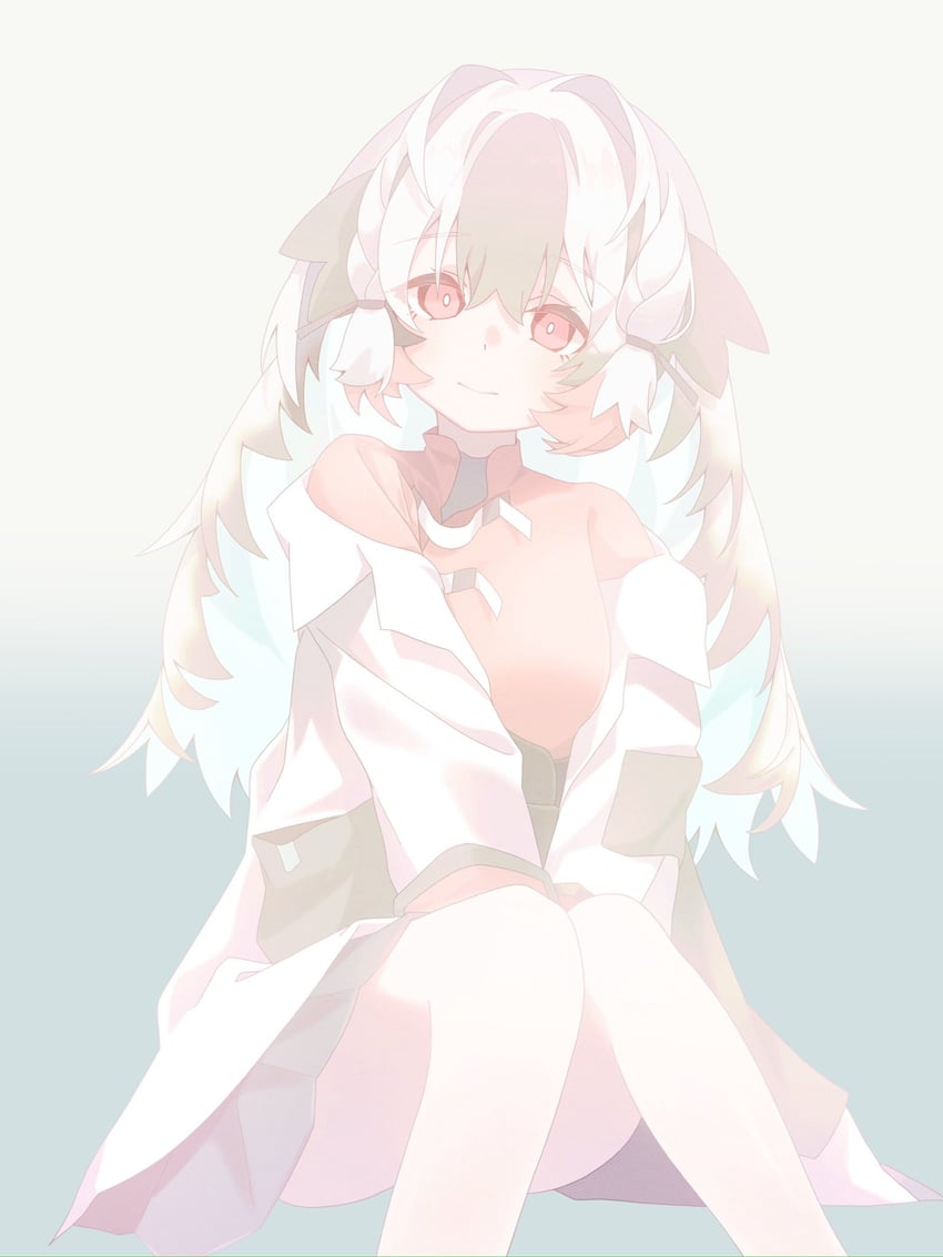 明日方舟、雪雉 (明日方舟) 1名女孩 黑条纹/黑挑染 脸红 脚部不在画面内 空气椅/无形椅子
