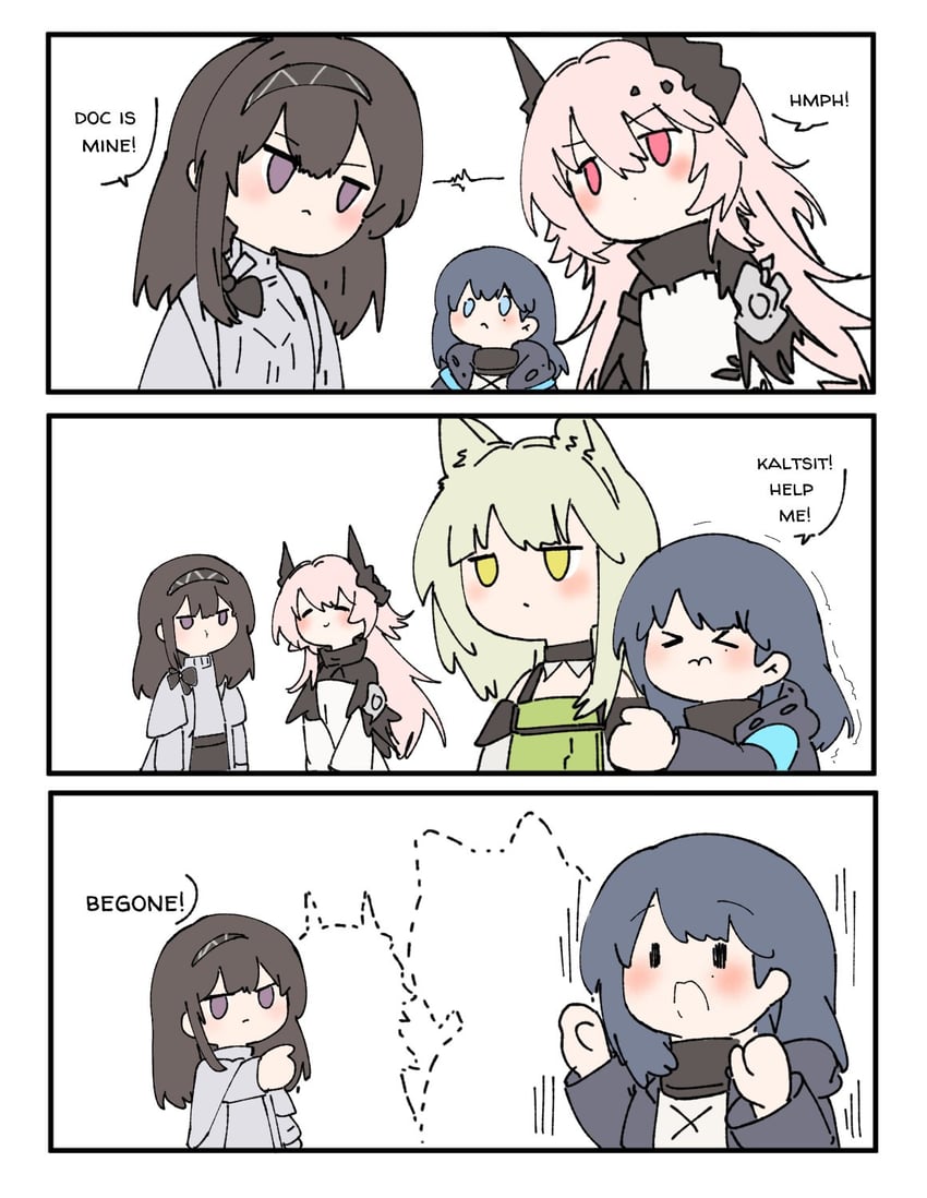 明日方舟、博士 (明日方舟)、博士 (女) (明日方舟) 4个女孩 闭眼挤眼 兽耳 黑色发带 蓝眼